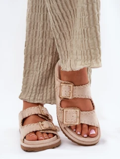 Klapki Damskie Z Klamrami I Ozdobnym Obszyciem Beżowe Visley