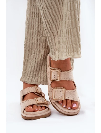 Klapki Damskie Z Klamrami I Ozdobnym Obszyciem Beżowe Visley Klapki Damskie Z Klamrami I Ozdobnym Obszyciem Beżowe Visley