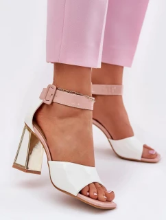 Dámske lakované sandále na podpätku - biele Vinceza
