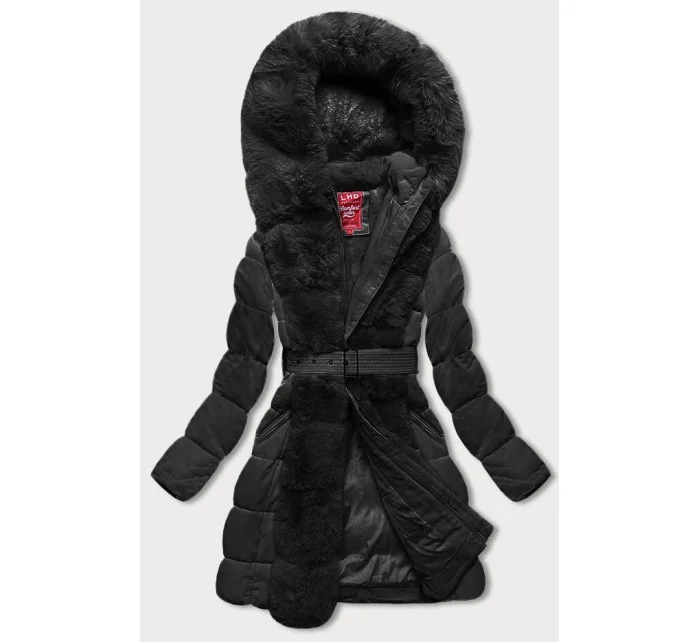 Čierna dámska zimná bunda s kožušinou (2M-008)