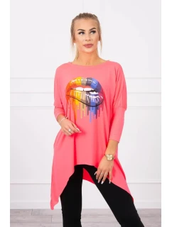Oversize halenka s potiskem model 18745782 rtů růžová neonová - K-Fashion
