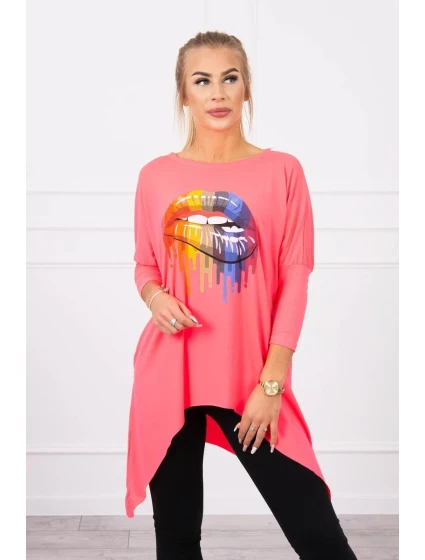 Oversize halenka s potiskem model 18745782 rtů růžová neonová - K-Fashion Oversize halenka s potiskem model 18745782 rtů růžová neonová - K-Fashion