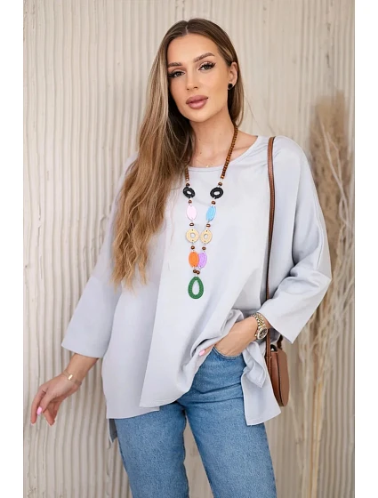 Oversize halenka s náhrdelníkem máslová látka šedý Oversize halenka s náhrdelníkem máslová látka šedý
