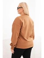 Dámská mikina Plus Size bavlněná basic s kulatým výstřihem camelová