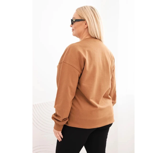 Dámská mikina Plus Size bavlněná basic s kulatým výstřihem camelová