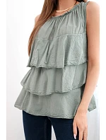 Dámská bavlněná halenka model 22147992 střihu s volány bez rukávů khaki - K-Fashion