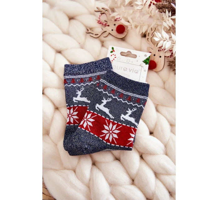 Damskie Świąteczne Skarpetki Błyszczące Renifery Granatowe