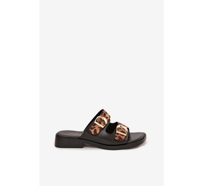 Dámské pantofle se zlatými sponami Leoparda Černo-hnědé Danelle