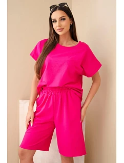 Dámský bavlněný komplet model 22128695 tričko s krátkým rukávem a kraťasy s gumou v pase fuchsiová - K-Fashion