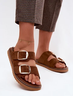 Dámské pantofle z imitace semiše s zlatými přezkami Camel model 22122708 - Boto