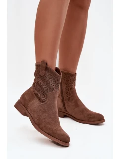 Dámske členkové topánky na plochom podpätku s ažurovým vzorom S.Barski - hnedé