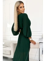 414-1 KLARA plisované šaty s opaskom a výstrihom - BOTTLE GREEN 414-1 KLARA plisované šaty s opaskom a výstrihom - BOTTLE GREEN
