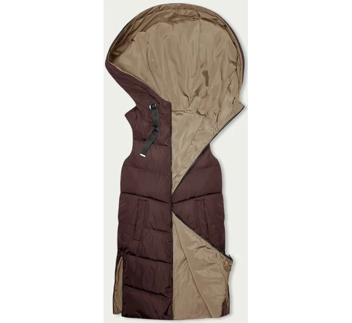 Hnedá a béžová dámska dlhá obojstranná vesta (B8248-14)