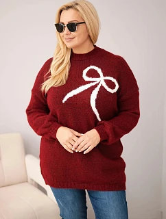 Dámsky sveter vo veľkosti Plus Size s prímesou vlny a mašľou, bordová farba