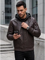 Pánska kožená zateplená bunda s kapucňou, tmavohnedá, FashionStreet TX5140 Pánska kožená zateplená bunda s kapucňou, tmavohnedá, FashionStreet TX5140