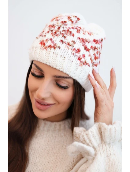 Dámska zimná čiapka s farebnými vzormi a hrubým nákrčníkom K353 biela+červená