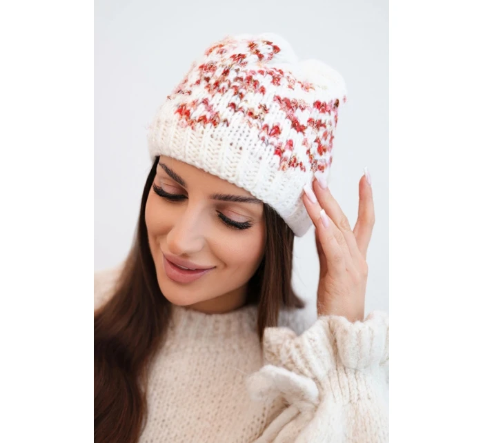 Dámska zimná čiapka s farebnými vzormi a hrubým nákrčníkom K353 biela+červená