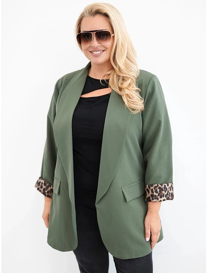 Dámské sako Plus Size s podšívkou v leopardí vzor khaki Dámské sako Plus Size s podšívkou v leopardí vzor khaki