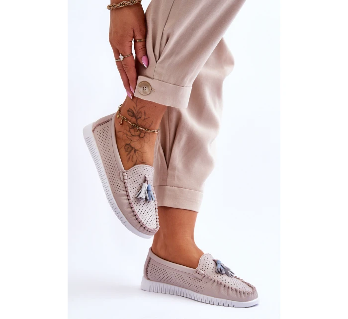 Damskie Skórzane Ażurowe Mokasyny Jasnoróżowe Lanzarot