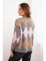 Dámský svetr s model 21774797 vzorem a kulatým výstřihem šedý - K-Fashion