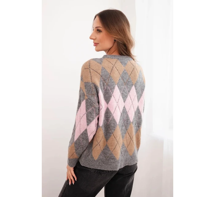Dámský svetr s model 21774797 vzorem a kulatým výstřihem šedý - K-Fashion