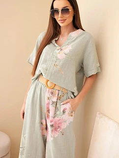 Dámska bavlnená súprava s krátkym rukávom a širokými nohavicami khaki