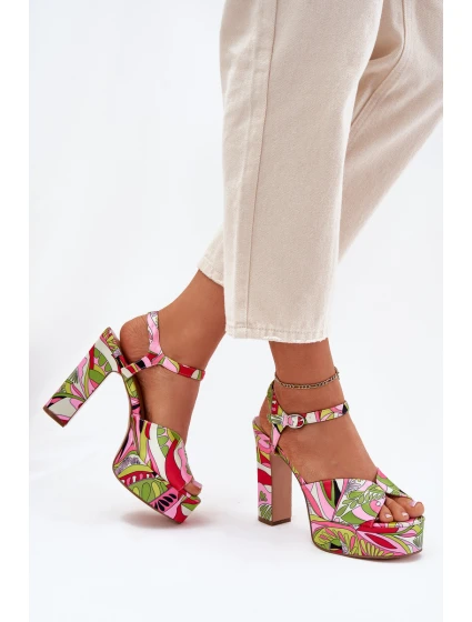 Wzorzyste Sandały Na Słupku I Platformie Różowo-Zielone Slaria Wzorzyste Sandały Na Słupku I Platformie Różowo-Zielone Slaria