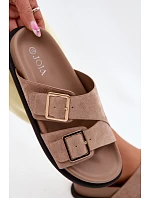 Dámské pantofle z imitace semiše s zlatými přezkami tmavě béžové model 22125537 - Boto