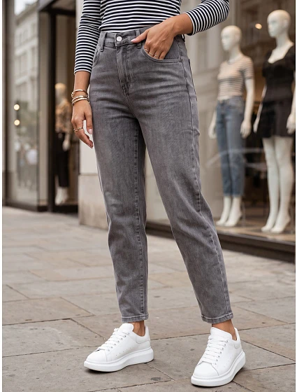 Dámske džínsy Mom Fit s elastickým pásom, sivé, FashionStreet UY3100 Dámske džínsy Mom Fit s elastickým pásom, sivé, FashionStreet UY3100