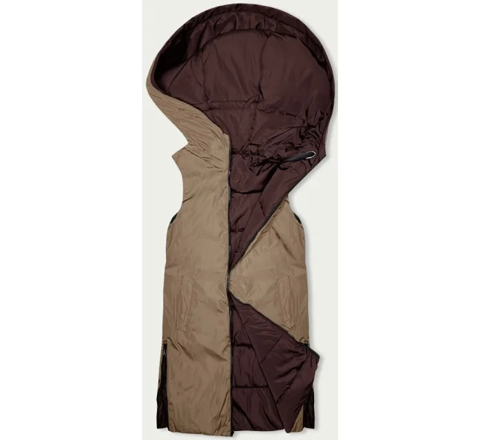 Hnedá a béžová dámska dlhá obojstranná vesta (B8248-14)