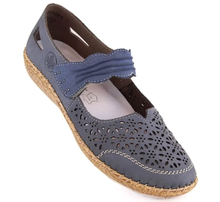 W model 19554666 modré kožené polobotky s ažurovým vzorem - Rieker