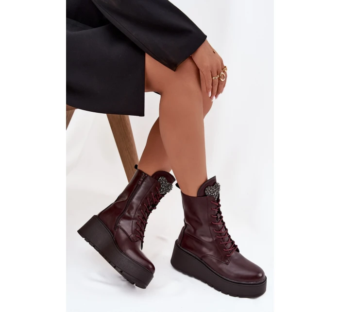 Skórzane Botki Damskie Z Ozdobą Ocieplane Bordowe Ulrika Skórzane Botki Damskie Z Ozdobą Ocieplane Bordowe Ulrika