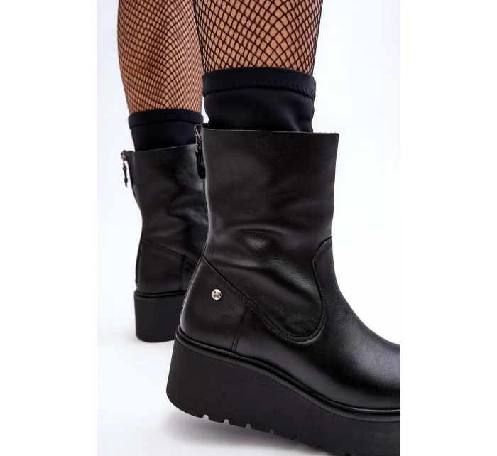 Damskie Skórzane Botki Na Masywnej Platformie Maciejka A7161-01 Czarne