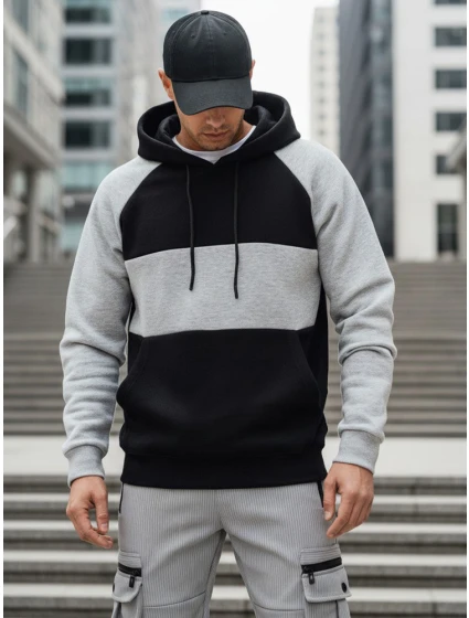 Pánska základná mikina s kapucňou so sivými a čiernymi pruhmi FashionStreet BX5902 Pánska základná mikina s kapucňou so sivými a čiernymi pruhmi FashionStreet BX5902