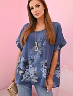 Dámske bavlnené tričko s motýľmi a kvetmi denim
