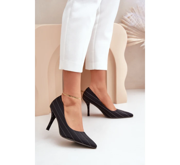 Materiałowe Szpilki Damskie W Paski Czarne Tifidra