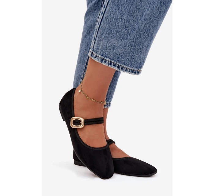 Baleríny s páskem a zlatým sponou Eko semišové Černé Adelora