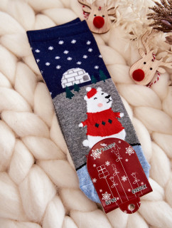 Dámske ponožky Vianočné vzory s medvedíkom a iglu Sivá-Navy