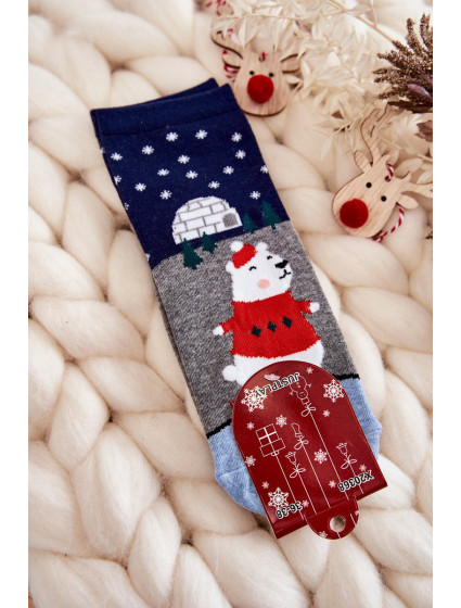 Dámske ponožky Vianočné vzory s medvedíkom a iglu Sivá-Navy