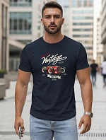 Pánske bavlnené tričko s retro potlačou tmavomodré FashionStreet NX5094R