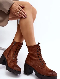 Dámské šněrovací kozačky na vysokém podpatku hnědé model 20043172 - Kesi