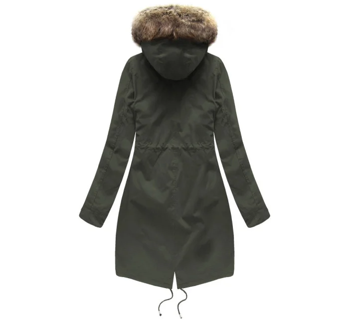 Dámská zimní bunda parka v army barvě s kapucí a odepínací kožešinovou podšívkou model 21242078 - Libland