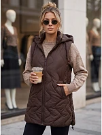 Dlhá dámska prešívaná vesta s kapucňou, čokoládová, FashionStreet TY6014 Dlhá dámska prešívaná vesta s kapucňou, čokoládová, FashionStreet TY6014