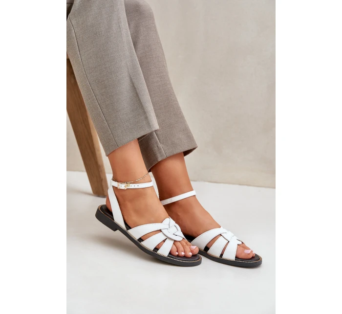 Skórzane Sandały Damskie Na Płaskim Obcasie Zazoo 3688 Białe Skórzane Sandały Damskie Na Płaskim Obcasie Zazoo 3688 Białe