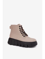 Skórzane Ocieplane Botki Damskie Na Platformie Vinceza 66803 Beżowe