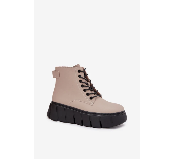 Skórzane Ocieplane Botki Damskie Na Platformie Vinceza 66803 Beżowe