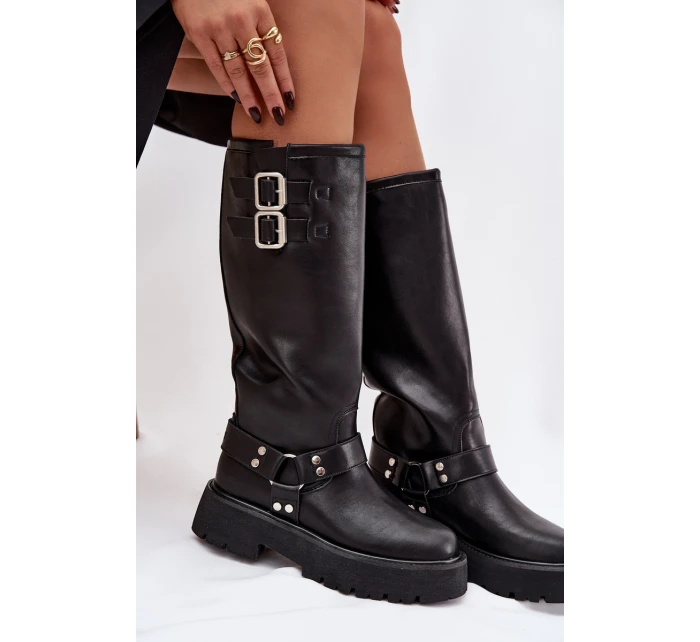 Kožené dámské kozačky s přezkami zateplené Big Star model 21758949 černé - Big Star Shoes