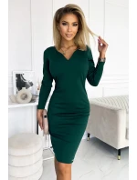 ANGELA - Klasické dámske šaty vo fľaškovo zelenej farbe s výstrihom a dlhými rukávmi 403-1
