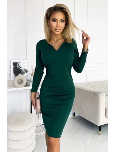 ANGELA - Klasické dámske šaty vo fľaškovo zelenej farbe s výstrihom a dlhými rukávmi 403-1