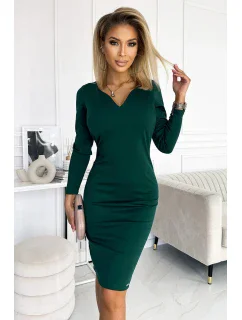 ANGELA - Klasické dámske šaty vo fľaškovo zelenej farbe s výstrihom a dlhými rukávmi 403-1